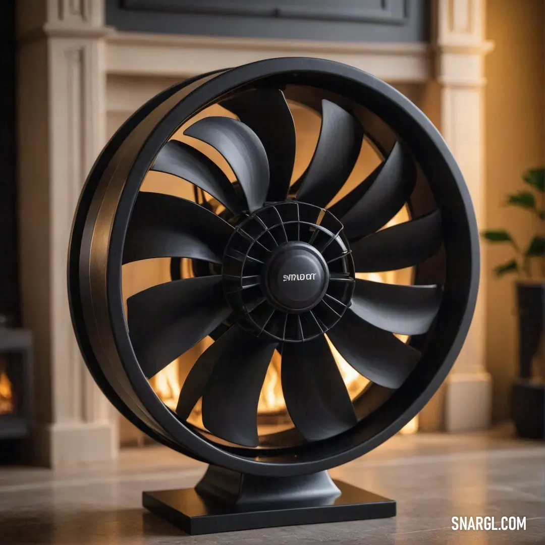 A sleek black fan elegantly perched atop a wooden table, harmoniously positioned beside a rustic fireplace, creating a cozy atmosphere. The deep warmth of the room is beautifully complemented by the earthy hue of #8B4513 surrounding it.