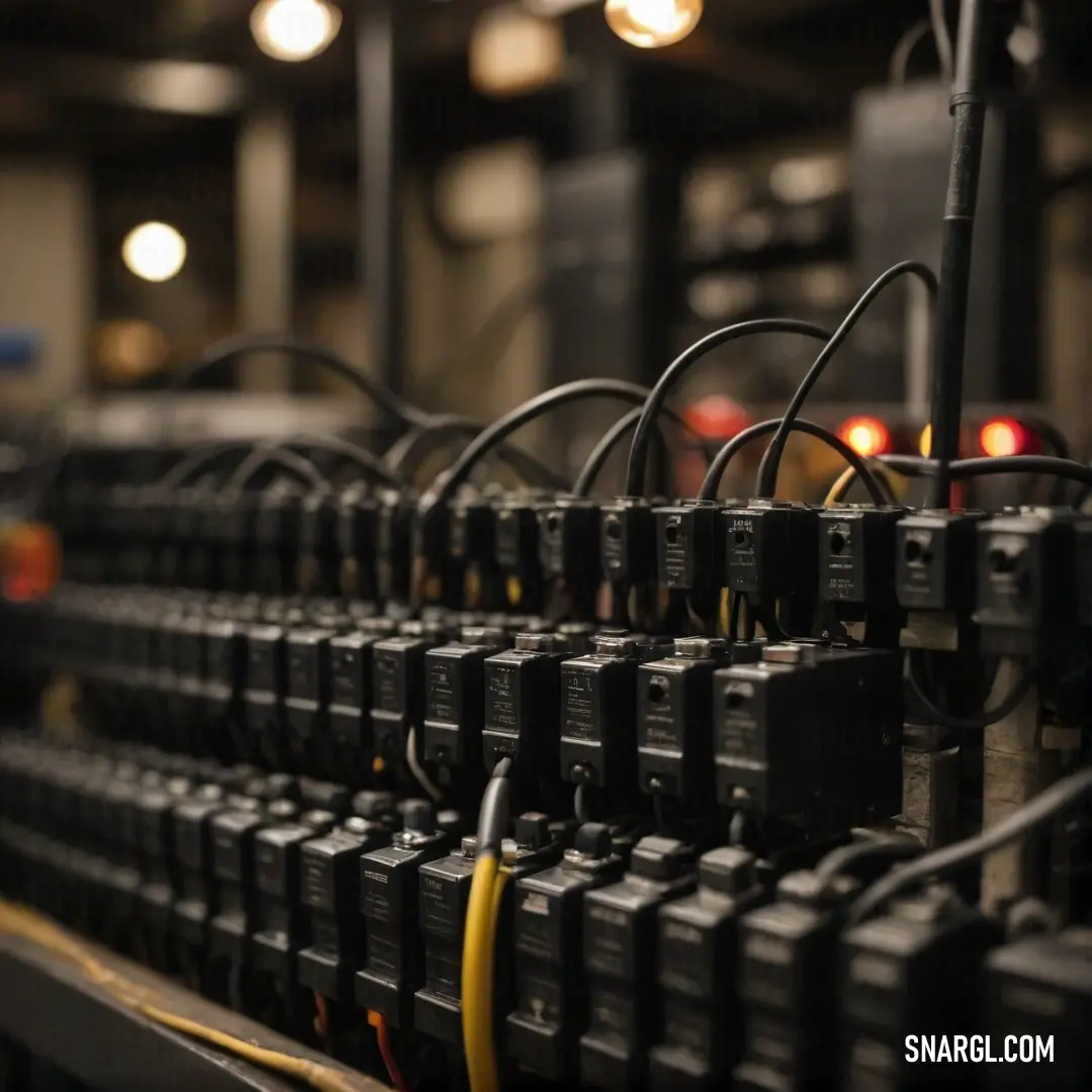 A tangled network of colorful electrical wires sprawls across the floor of a dimly-lit room, connecting various lighting fixtures. The rich brown color of the surroundings complements the intricate web of wires, creating a captivating scene of industrial 