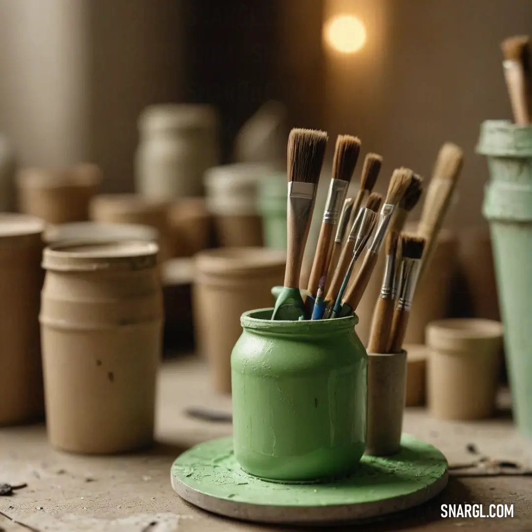 A lively green cup brimming with colorful paintbrushes rests atop a cluttered table, surrounded by jars filled with vibrant paints and a cup holding a playful straw. This cheerful arrangement encourages artistic expression and brings a playful energy to t