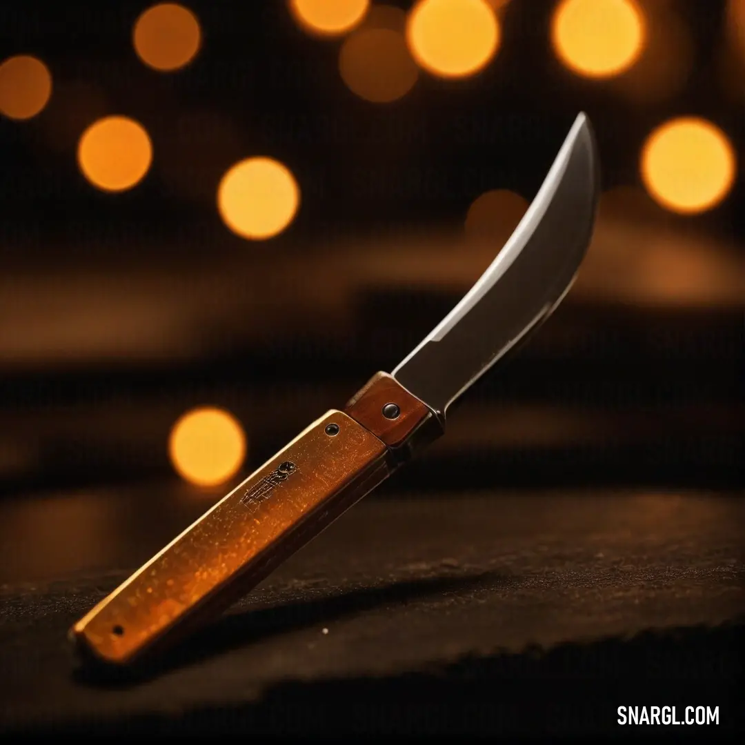 Glistening in the light, a knife with a rustic wooden handle rests on a textured table, surrounded by softened lights that highlight its curves and contours beautifully.