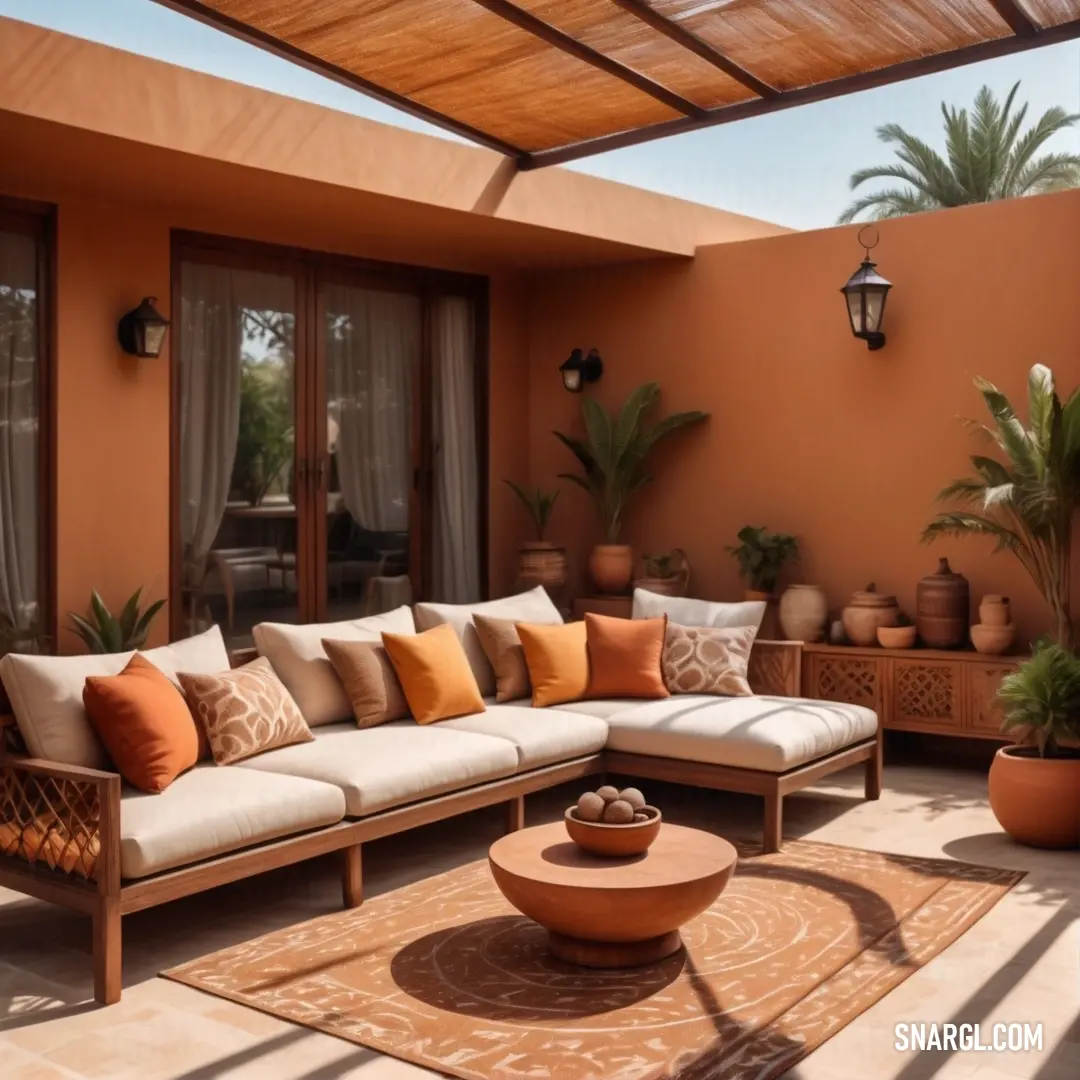 Living room with a couch and a table with a potted plant on it and a large window. Color Saddle brown.