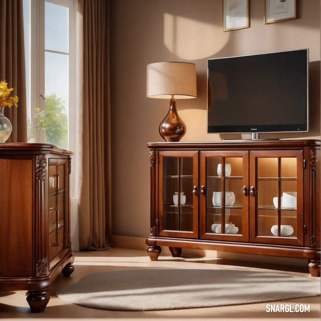 A modern living room showcasing a sleek flat-screen TV mounted on an elegant stand alongside a wooden cabinet featuring glass doors and stylish drawers, harmonizing function and aesthetics seamlessly.