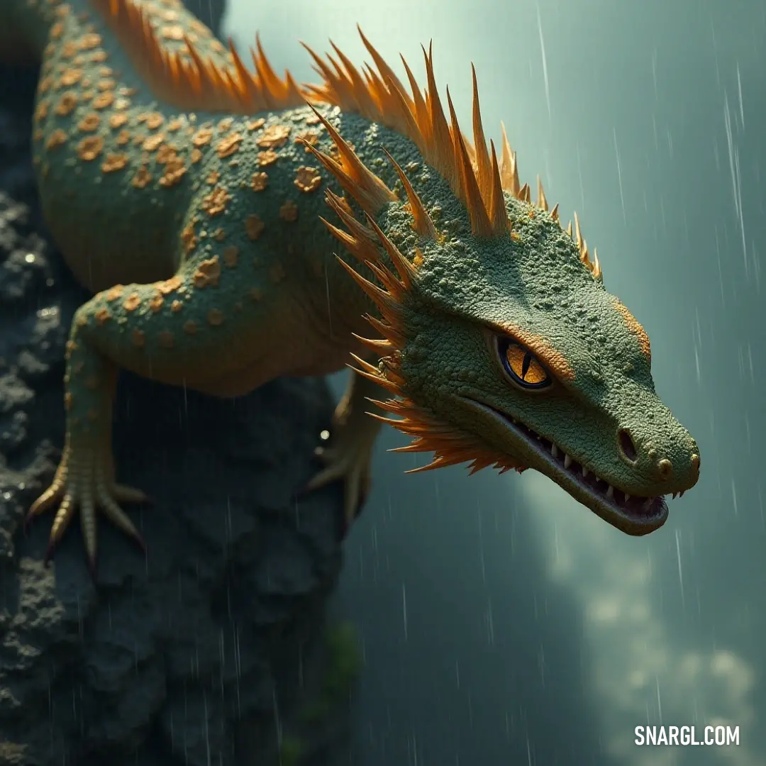 A captivating lizard, adorned with striking spikes on its head, stands proudly on a rain-soaked rock, showcasing a vibrant green background that enhances its vivid appearance, inviting wonder and admiration for the beauty of nature.