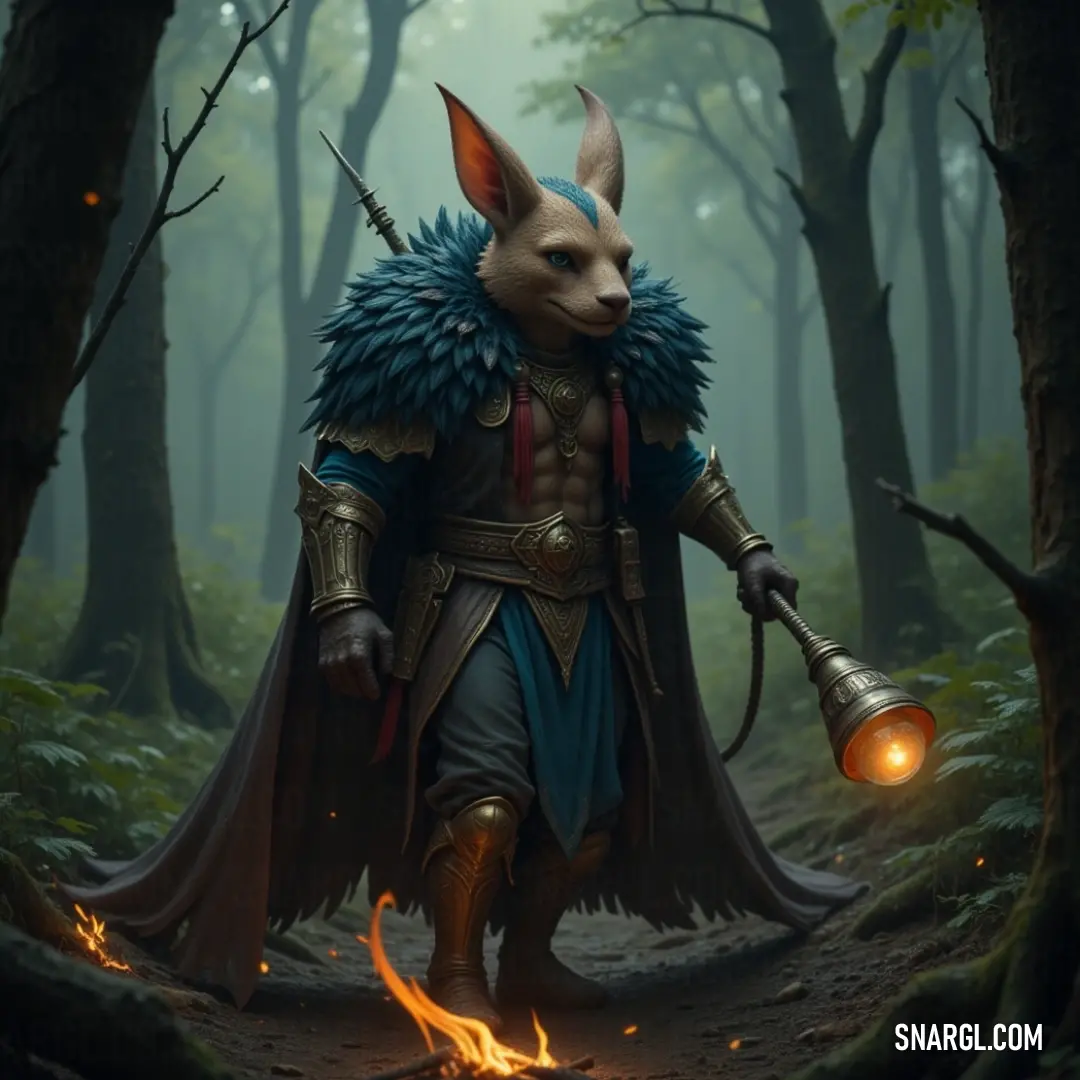 An enigmatic figure wearing a wolf mask stands triumphantly in a forest illuminated by firelight, brandishing a light saber that glows fiercely, as the swirling flames dance around him, creating an atmosphere of mythical adventure.