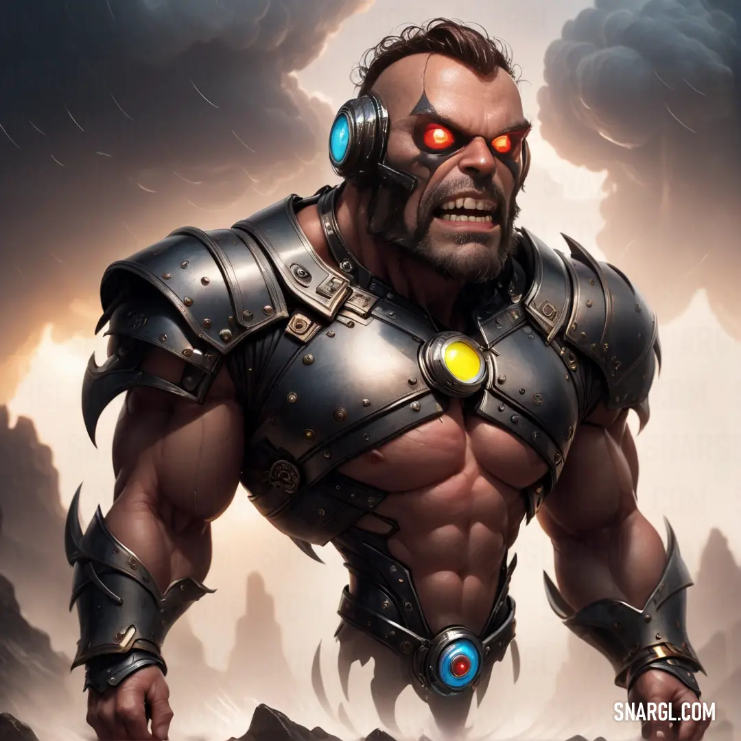 A powerful figure clad in a large helmet with glowing eyes, their muscular build and imposing presence enhanced by a saddle-brown color scheme. The helmet adds a layer of mystery, making this character appear both heroic and enigmatic.