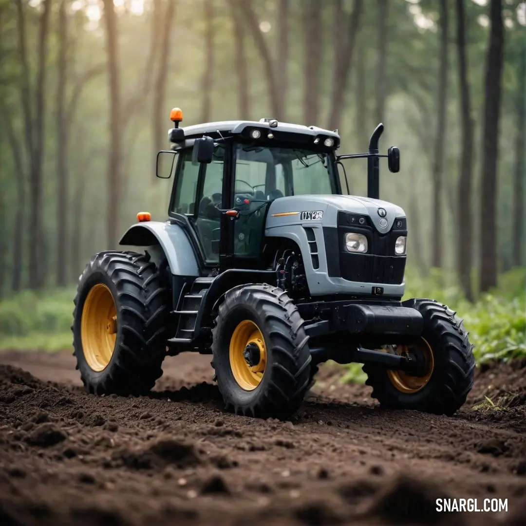 A powerful tractor navigates through a rugged dirt path, flanked by towering trees that reach for the sky. Dust churns around its sturdy wheels, creating a vivid image of determination as it ventures deeper into the heart of the forest.