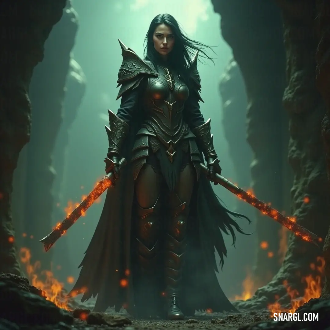 A fierce woman stands valiantly in a dark, fantasy-inspired world, gripping two shining swords with firm resolve, while radiant armor envelops her, casting an otherworldly glow that enhances her commanding presence.