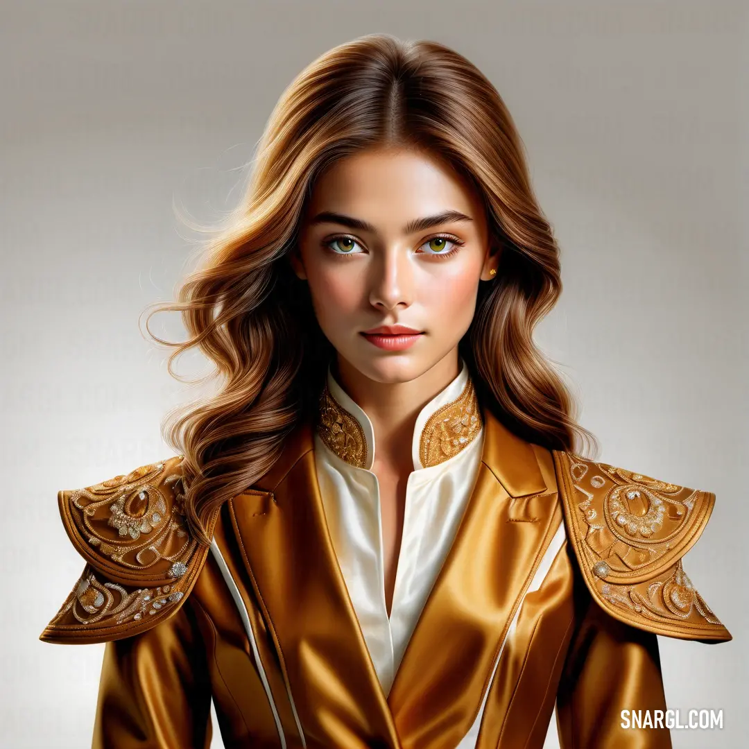 Woman in a golden jacket with a white shirt on and a gold jacket on her shoulders. Color CMYK 0,50,86,45.