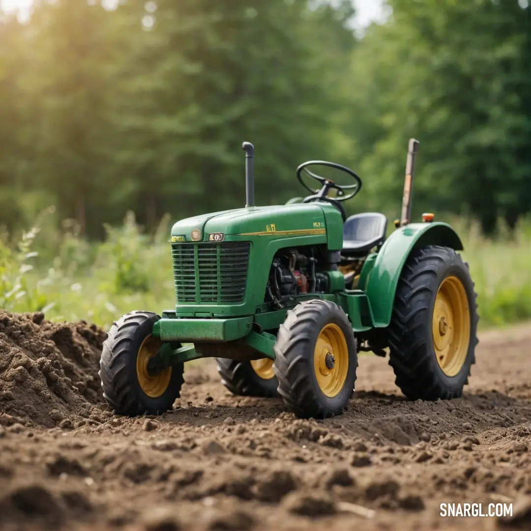 Nestled amidst a landscape of rich earth and tufts of grass, a tractor stands poised in quietude, surrounded by the shadows of trees. Its vibrant color echoes the harmony of farm life, marking a tranquil moment before the day's labor begins.