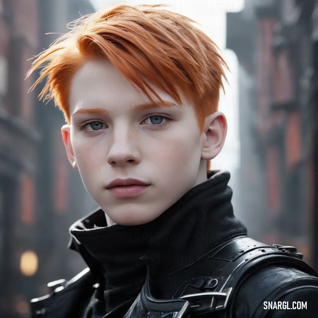 A vibrant woman with red hair and a stylish black jacket strolls through a bustling city street, surrounded by towering buildings, radiating an infectious energy and charisma that perfectly harmonizes with the lively urban backdrop.