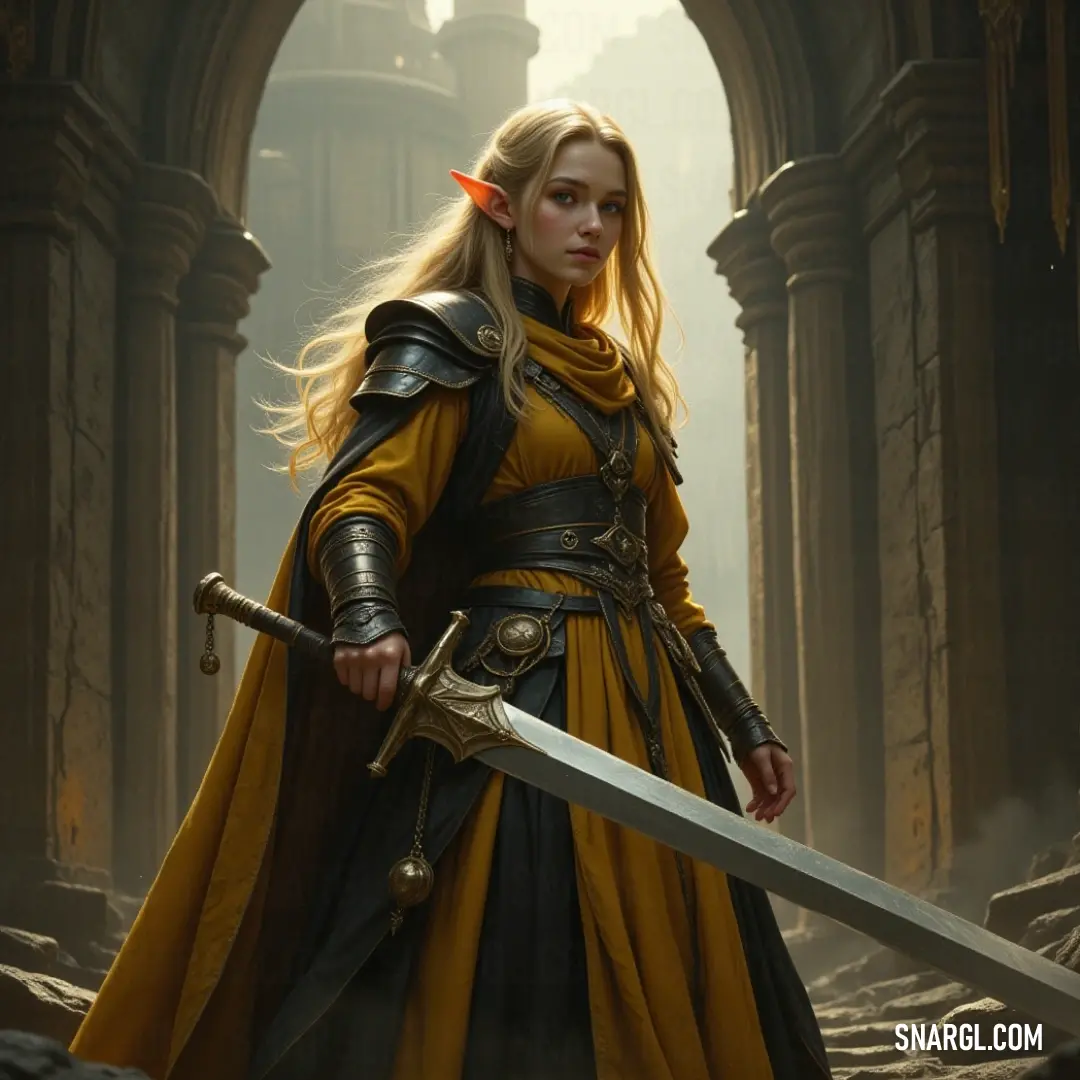 A fierce warrior stands poised in a striking yellow and black gown, sword at the ready, as a magnificent castle looms majestically in the background. The landscape hints at adventures untold, echoing the promise of battles fought.