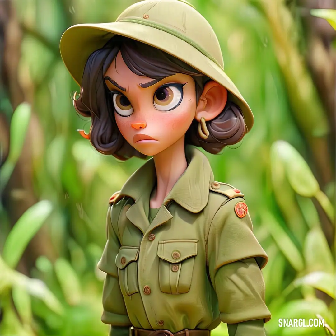 Cartoon girl in a military uniform standing in a jungle area with a bush in the background