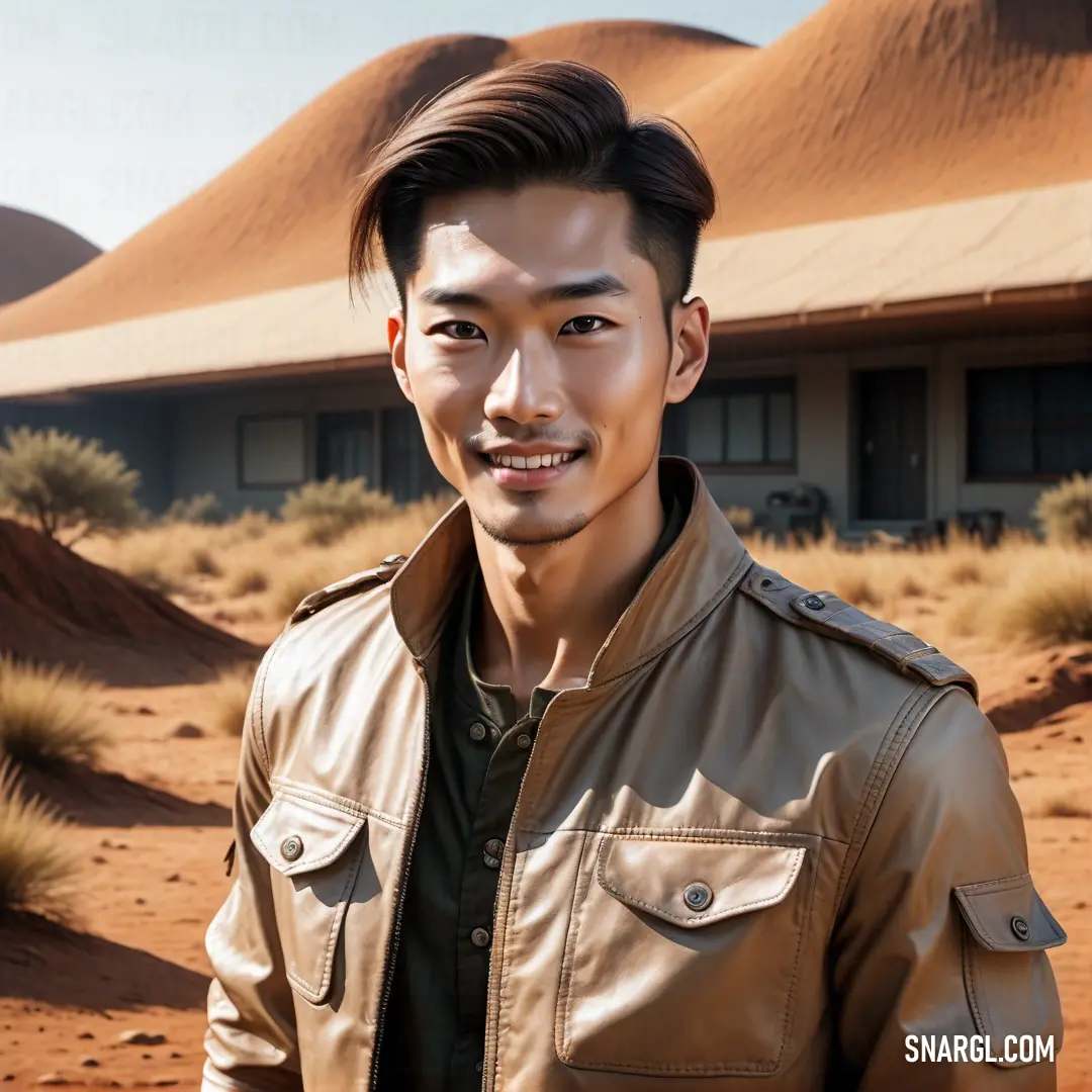Man in a brown jacket standing in front of a desert area with a building in the background and a desert area with a sand dune