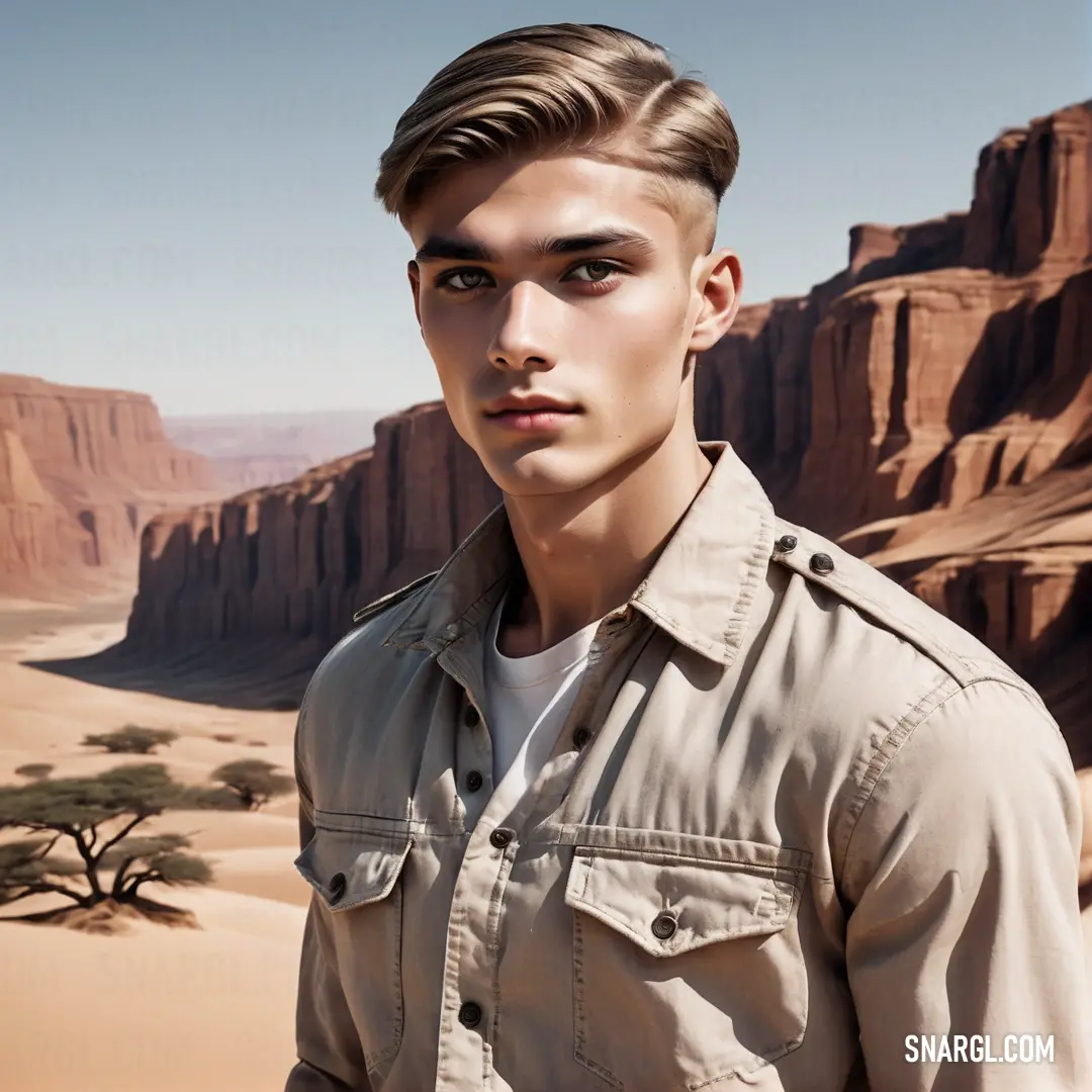 Man in a desert looks at the camera with a desert background behind him