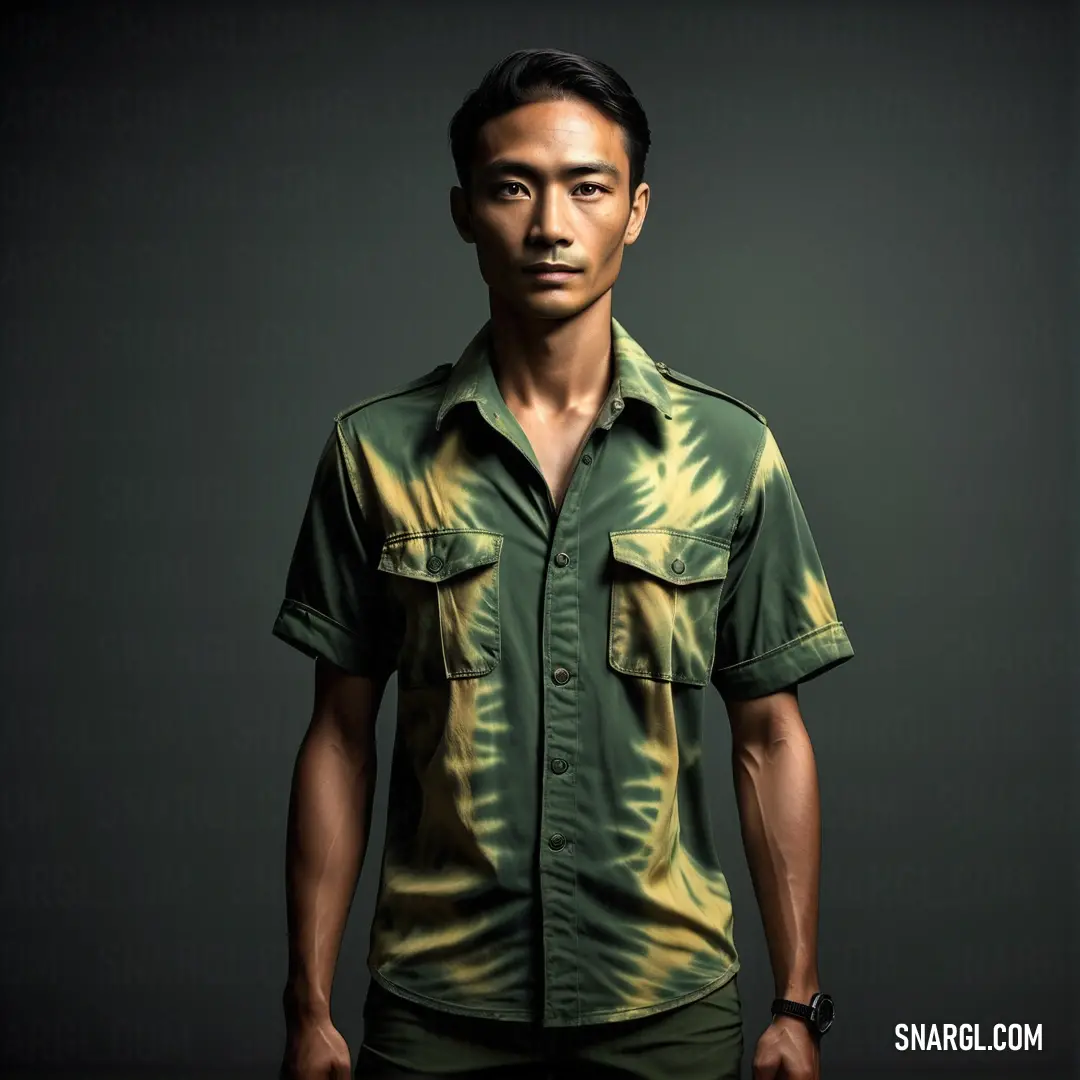 Man in a green shirt and shorts standing in front of a dark background