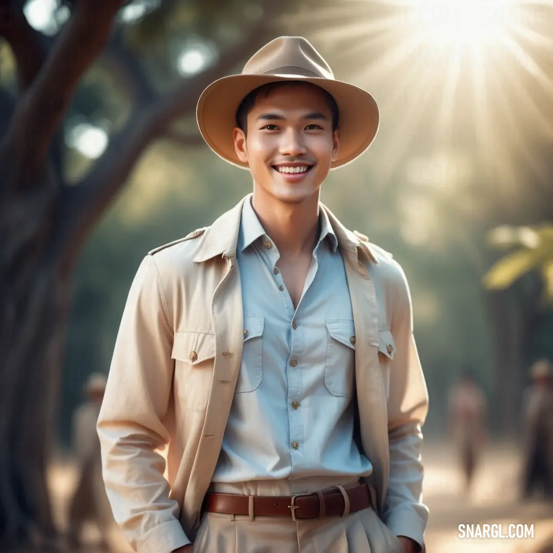 Man in a hat and a tan jacket is smiling at the camera while standing in a park with trees