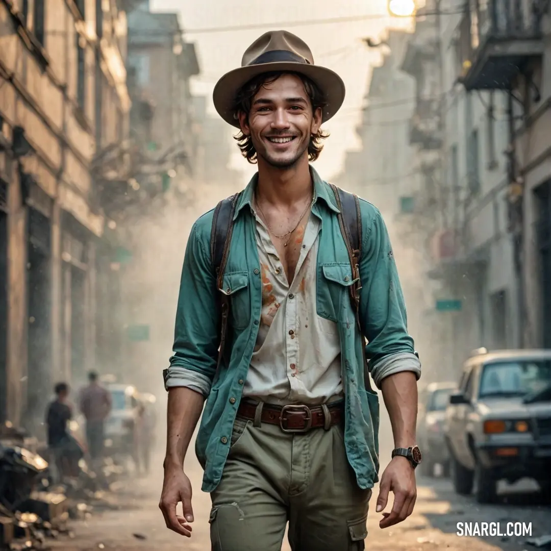 Man in a hat and green shirt walking down a street with a backpack on his back