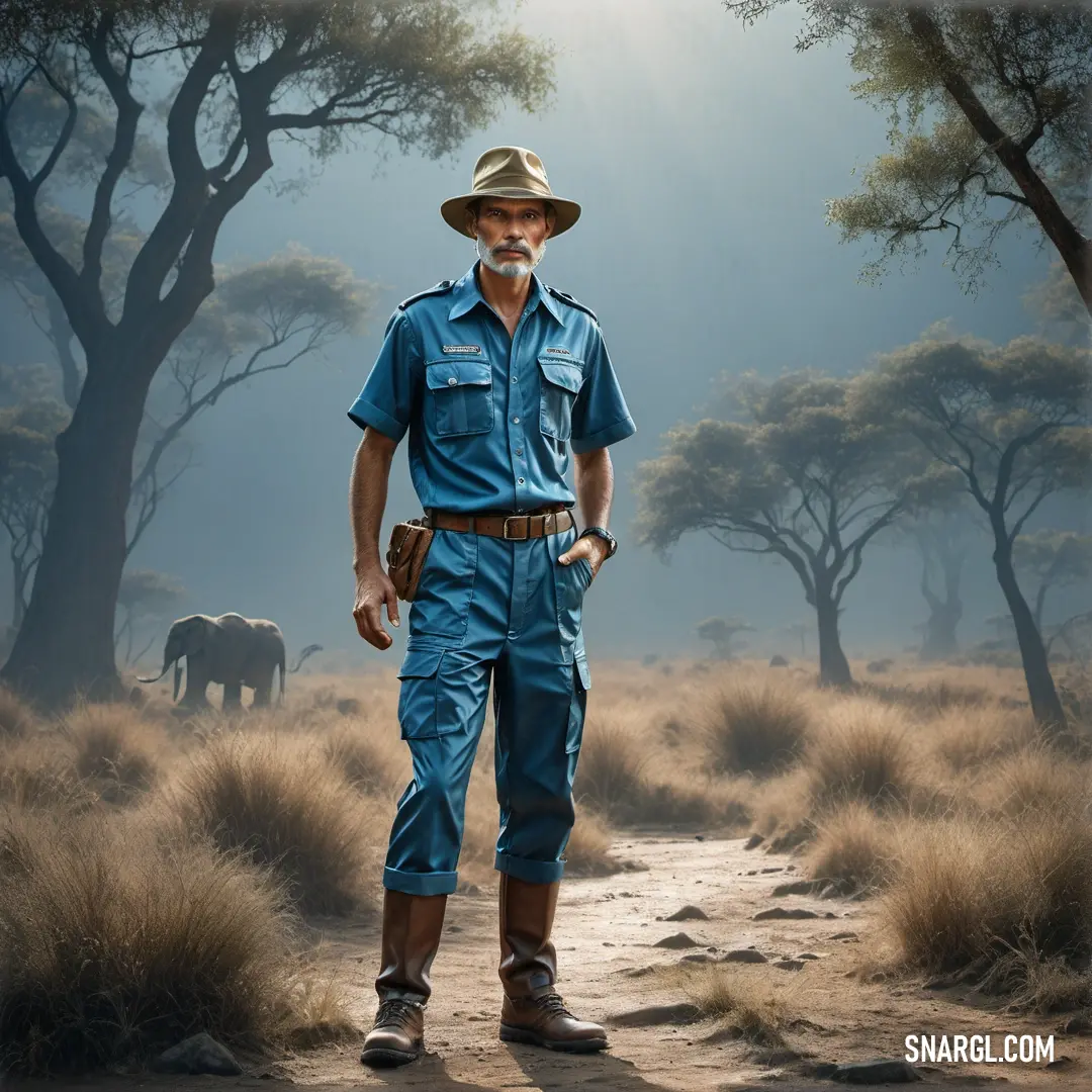 Man in a hat and overalls standing in a field with elephants in the background and a sunbeam