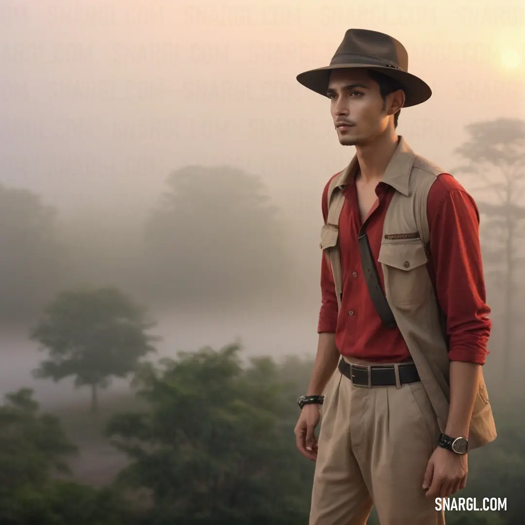 Man in a hat and vest standing in the fog with trees in the background