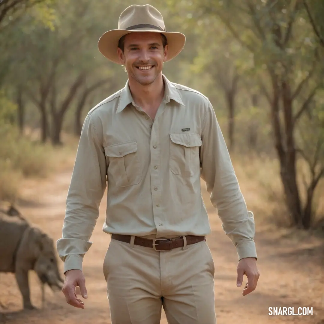 Man in a hat is standing in the dirt near a rhinoceros and trees in the background