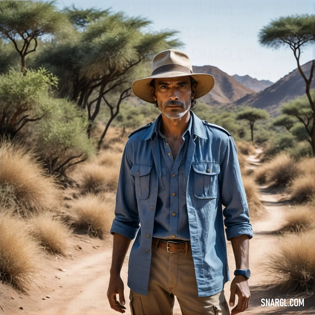 Man in a hat is standing in the desert with a bush in the background and a dirt road