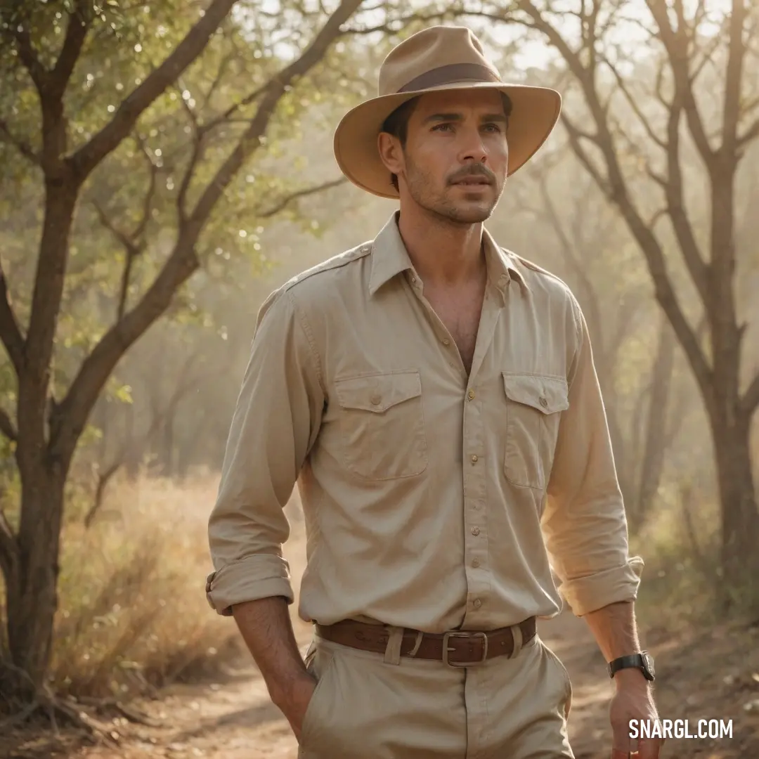 Man in a hat is walking through the woods with a suitcase in his hand