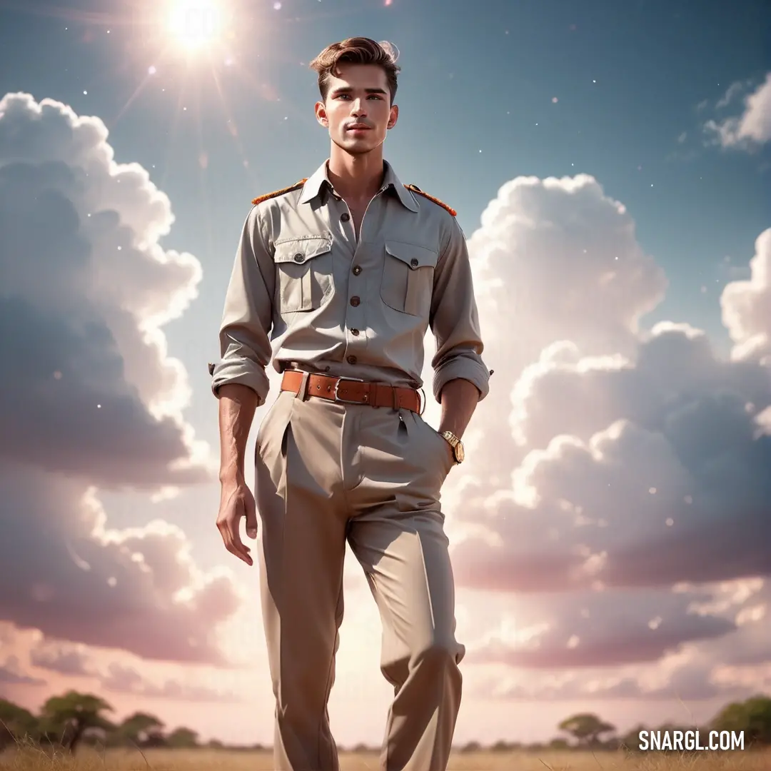 Man in a military uniform standing in a field with a sky background