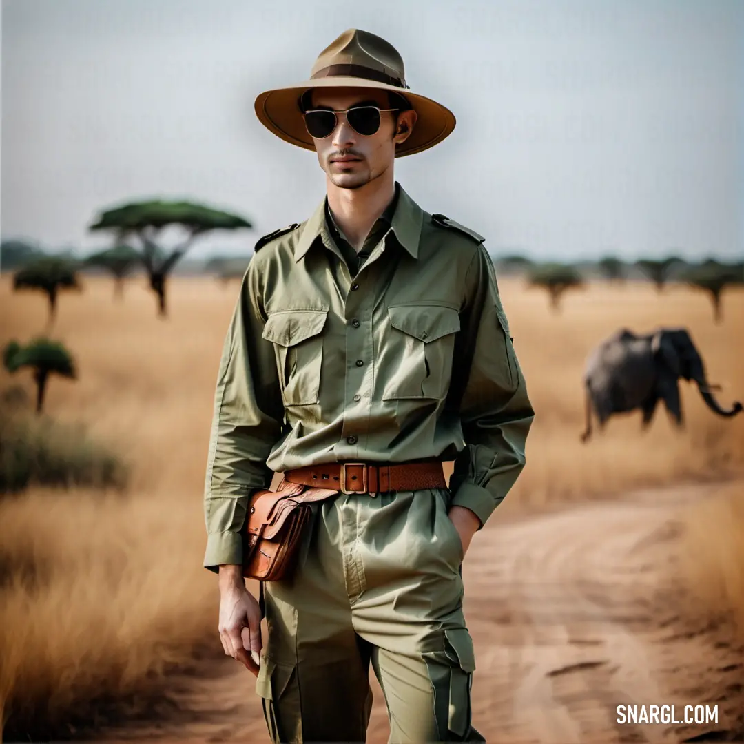 Man in a safari outfit standing in front of an elephant in the wild with a hat on his head