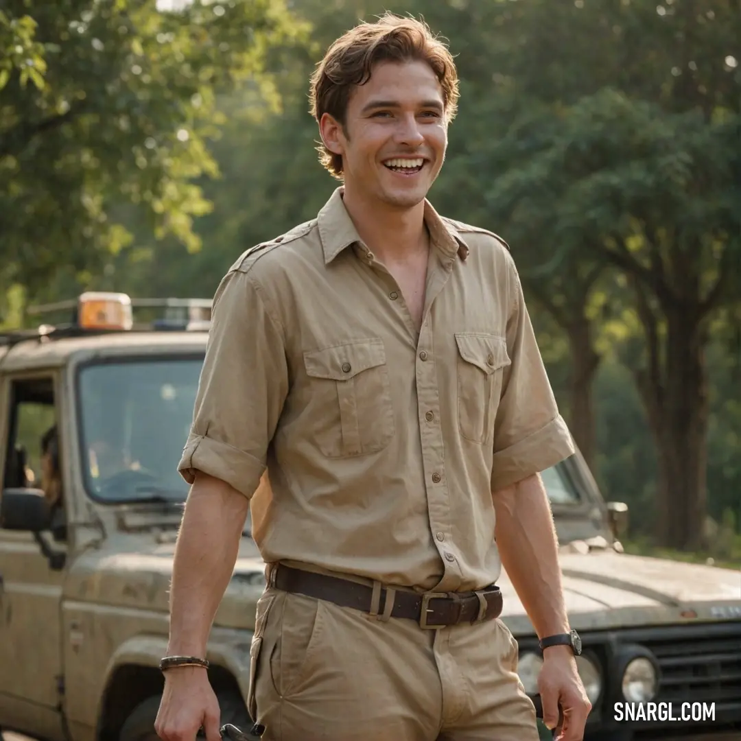 Man in a safari outfit standing next to a truck in a field with trees in the background