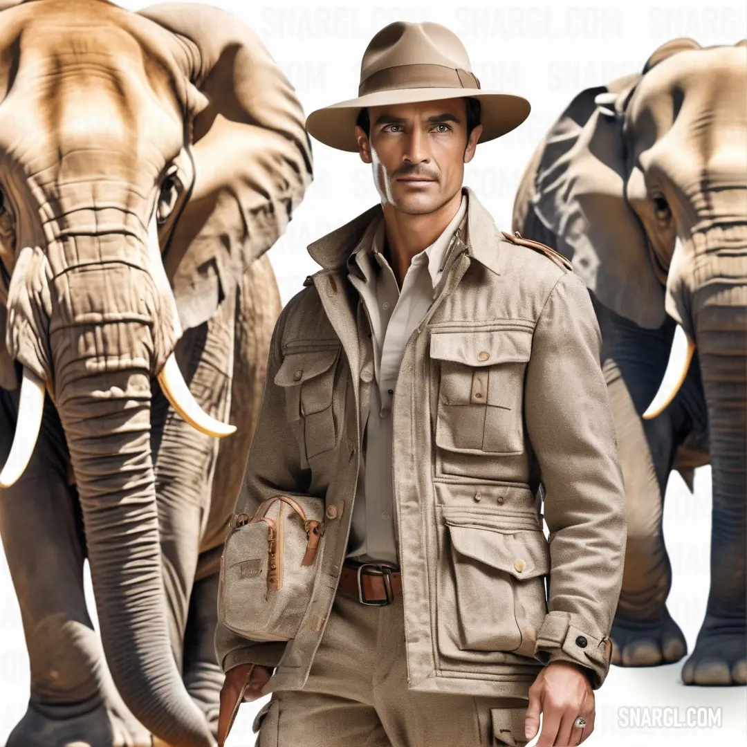 Man in a safari outfit standing next to a group of elephants with a hat on his head