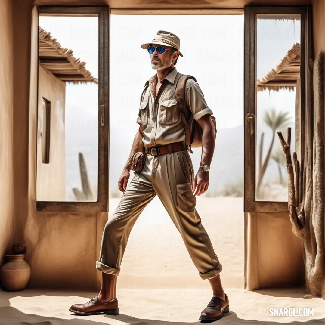 Man in a safari outfit is standing in a doorway with a desert background