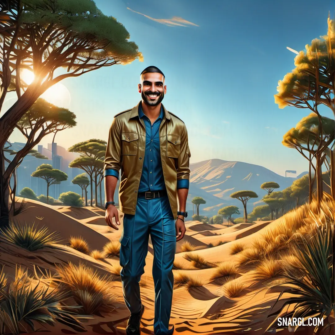 Man standing in the middle of a desert with trees and mountains in the background and a sun shining on him