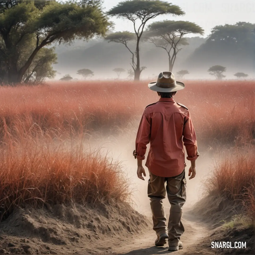 Man walking down a dirt road in a field of tall grass and trees in the distance