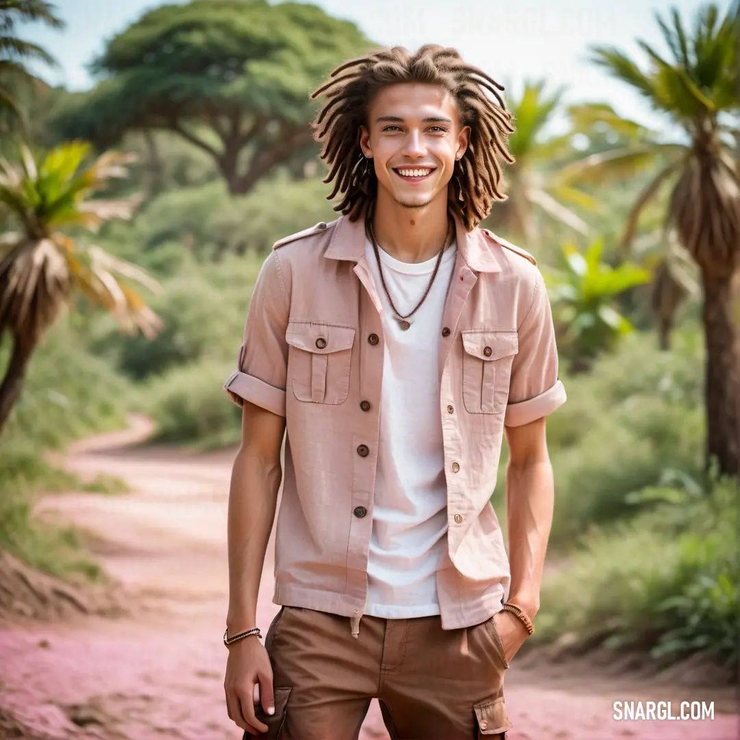 Man with dreadlocks standing on a dirt road in front of palm trees