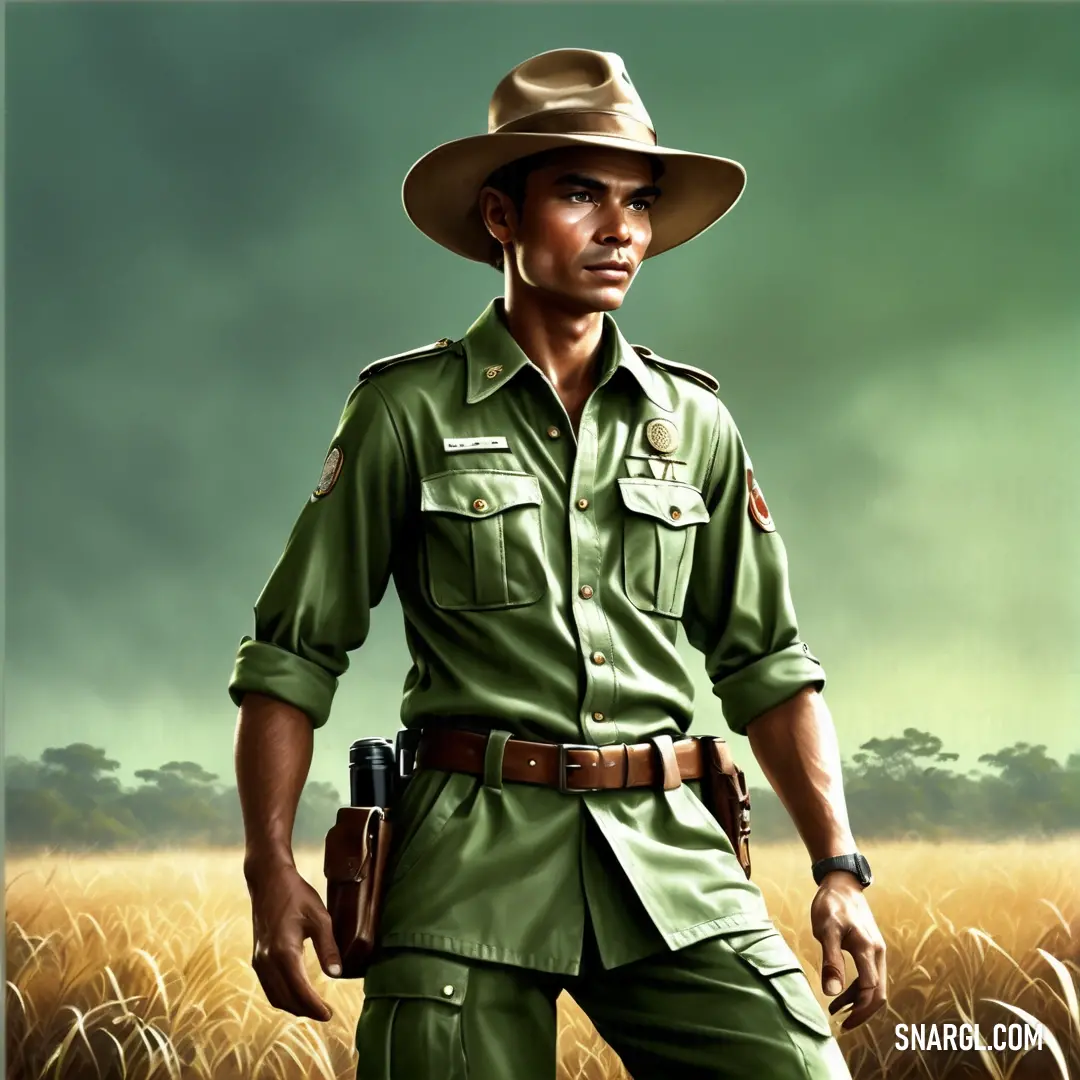 Painting of a man in a green uniform holding a gun in a field of wheat with a cloudy sky in the background