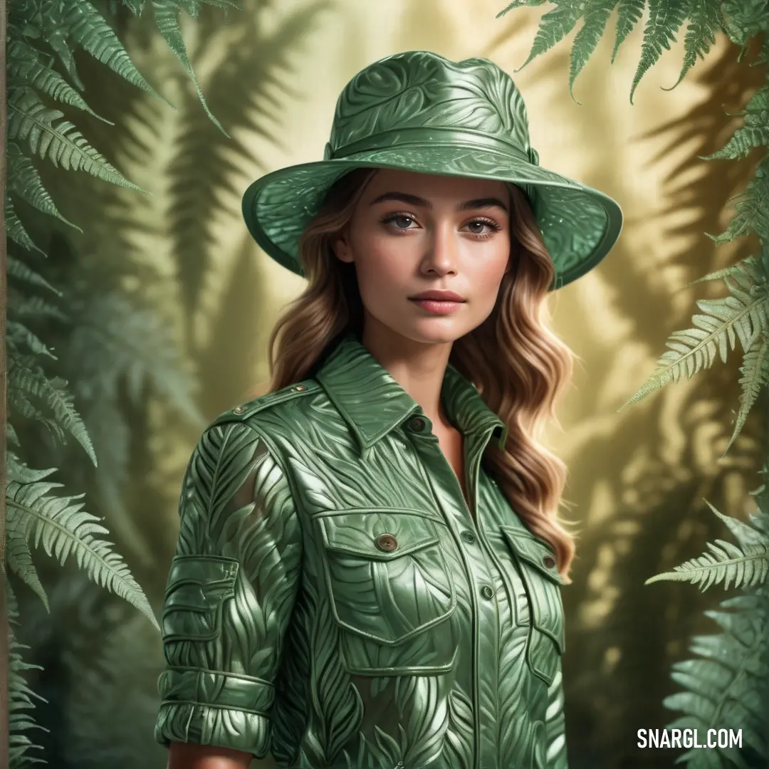 Painting of a woman in a green hat in a jungle setting with ferns