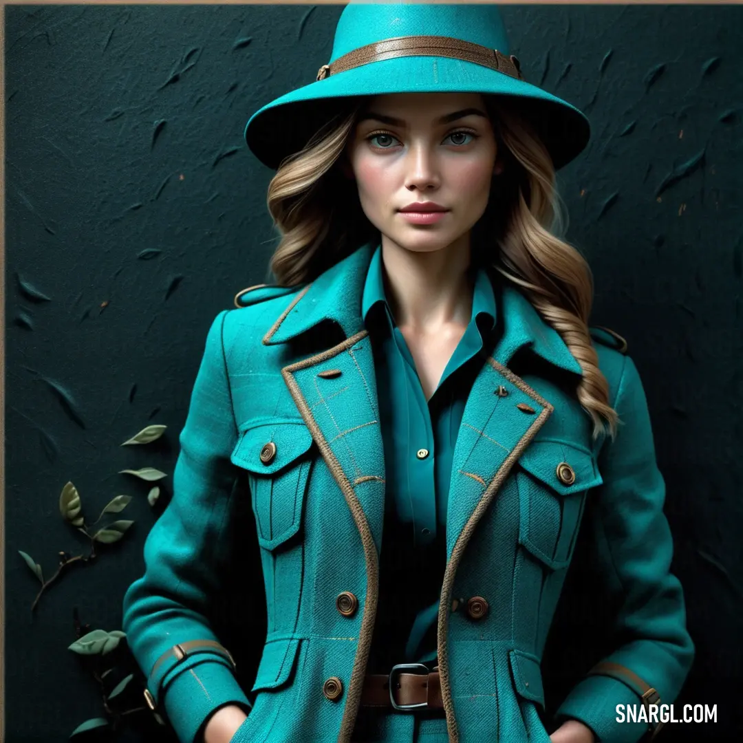Woman in a green coat and hat posing for a picture with her hands on her hips and her hands on her hips