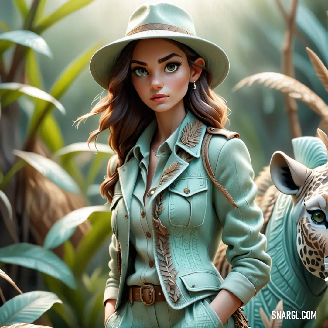Woman in a green coat and hat standing next to a tiger in a jungle with leaves and grass