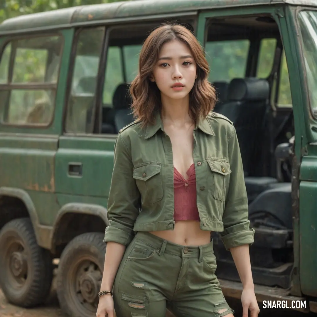 Woman in a green jacket and shorts standing next to a green jeep in a forest area with trees