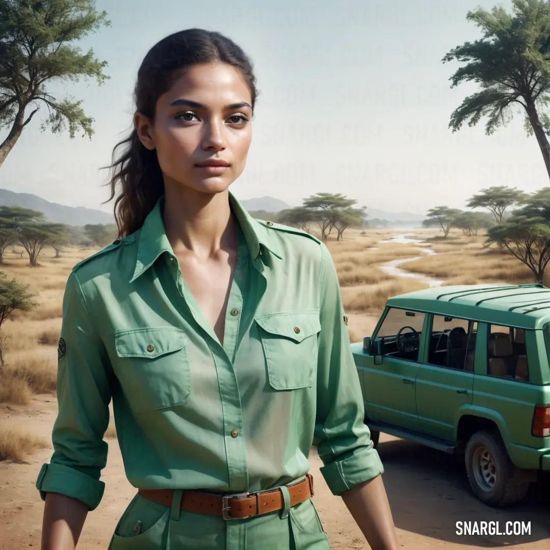 Woman in a green shirt standing next to a green jeep in a desert area with trees and a dirt road