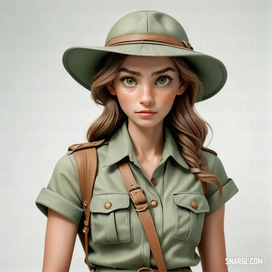 Woman in a green uniform with a brown backpack and a hat on her head and shoulder