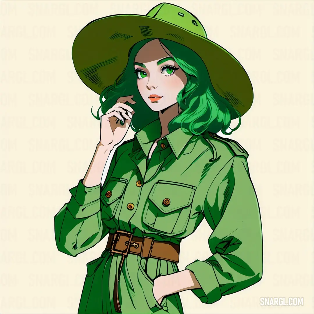 Woman in a green uniform is talking on a cell phone and wearing a green hat