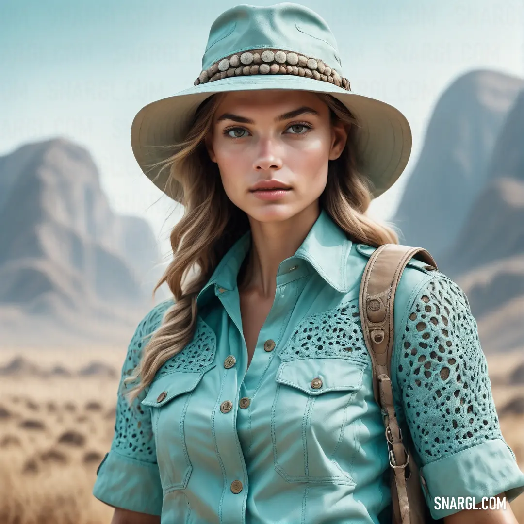 Woman in a hat and a blue shirt is standing in a desert area with mountains in the background