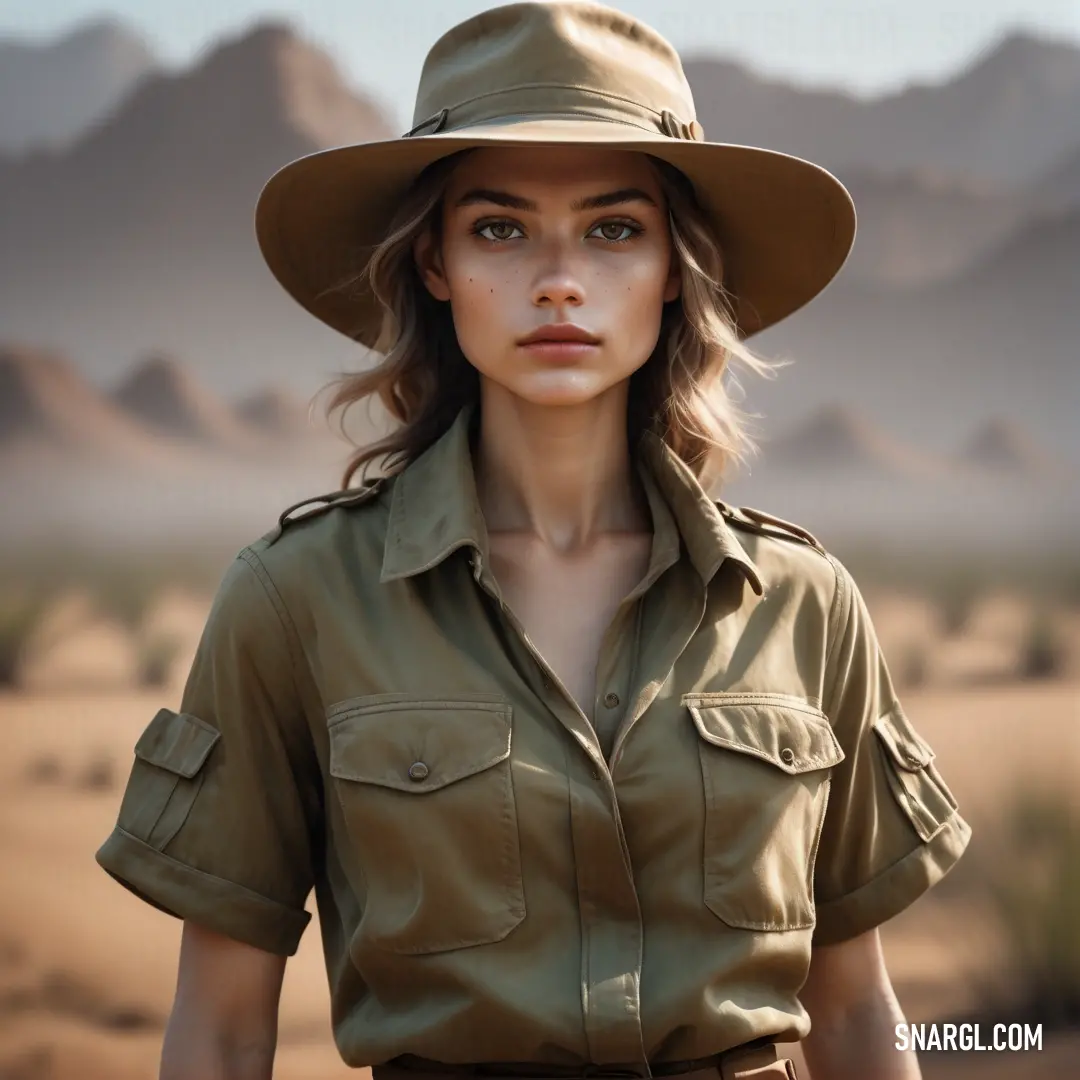 Woman in a hat and a green shirt in the desert with mountains in the background
