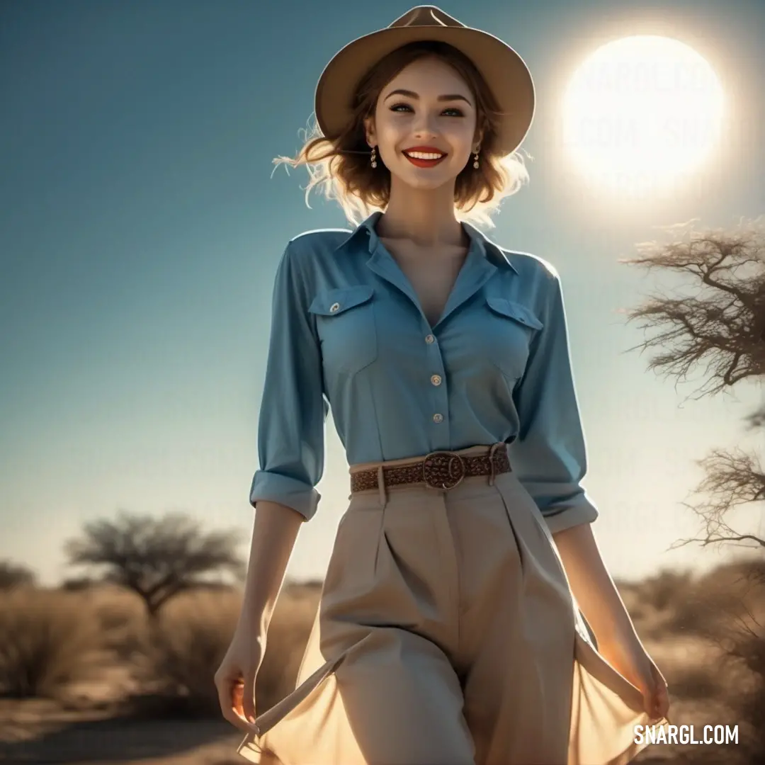 Woman in a hat and dress is walking in the desert with a sun in the background