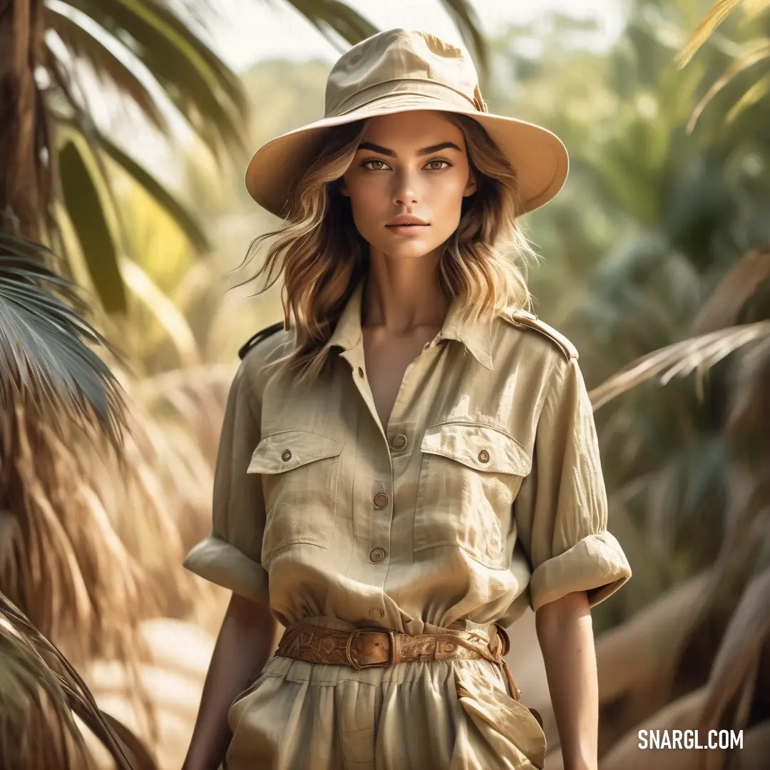 Woman in a hat and dress is standing in a jungle setting with palm trees