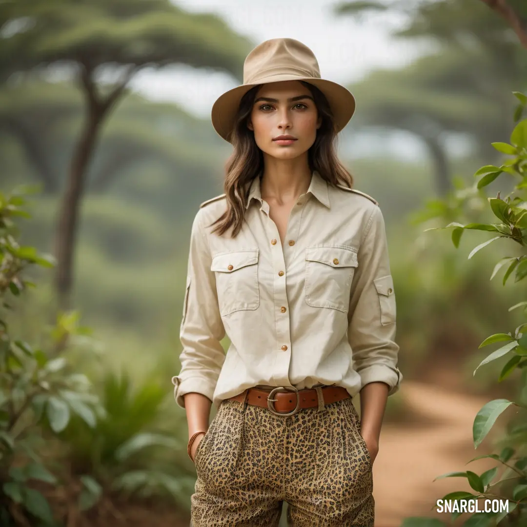 Woman in a hat and pants standing in a forest with trees in the background and a dirt path