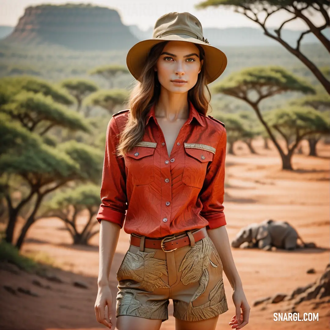 Woman in a hat and shirt is walking in the desert with elephants in the background