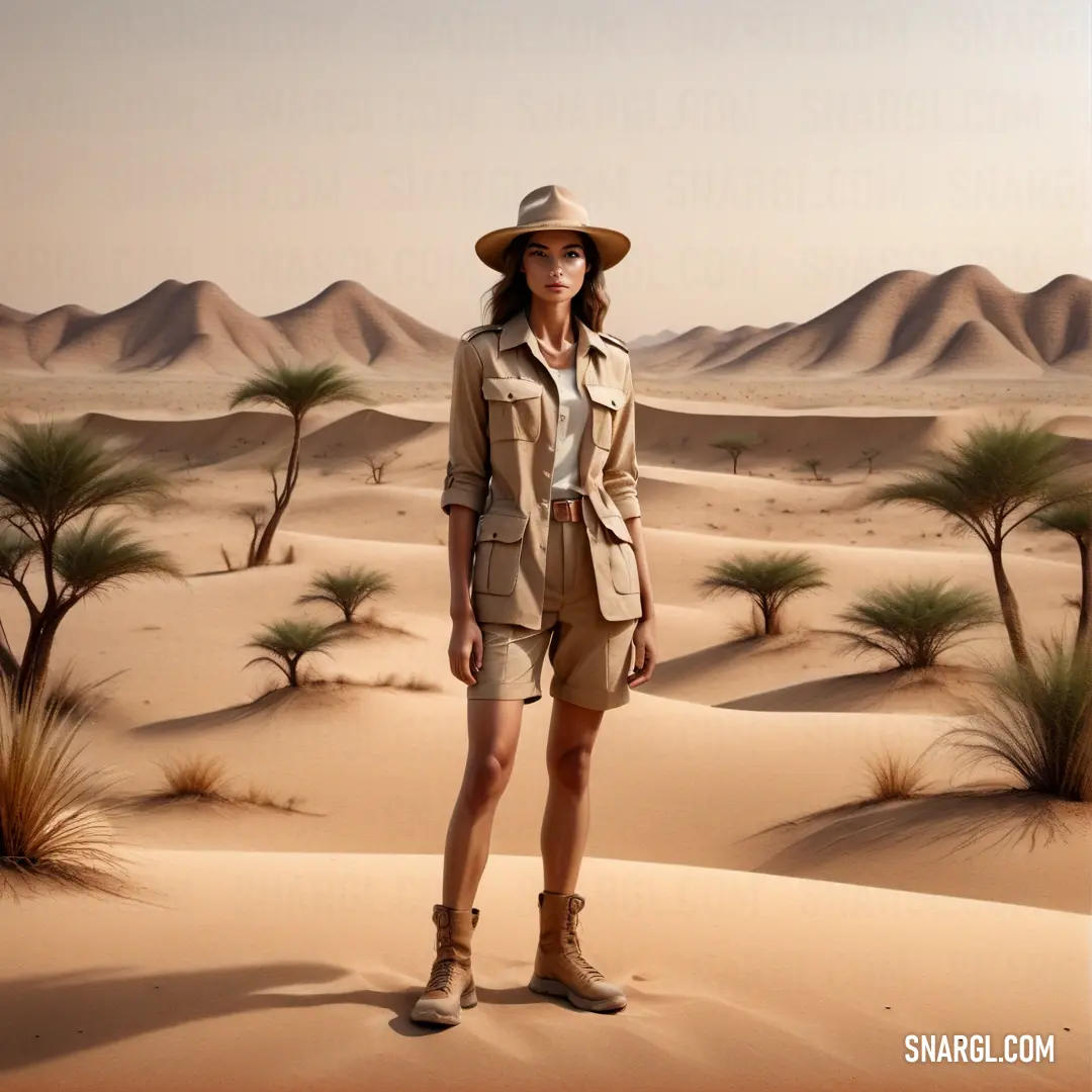 Woman in a hat and shorts standing in the desert with a desert landscape in the background