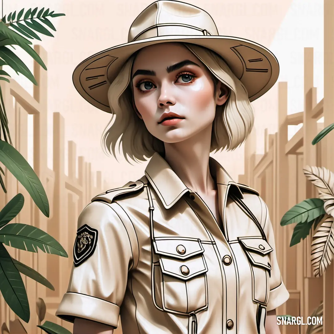 Woman in a hat and uniform standing in a jungle setting with a city in the background and a palm tree